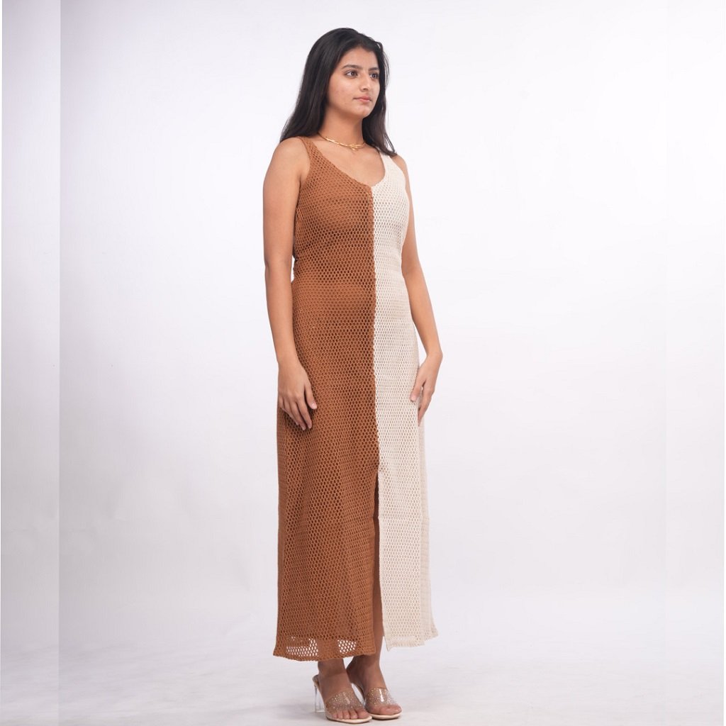 Brown & Cream Half Midi Dress